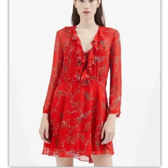 iro dress red $396 Iro Women's Red Long Sleeve Tie Waist Wrap Drape Mini Dress Sz FR 42/ US 10